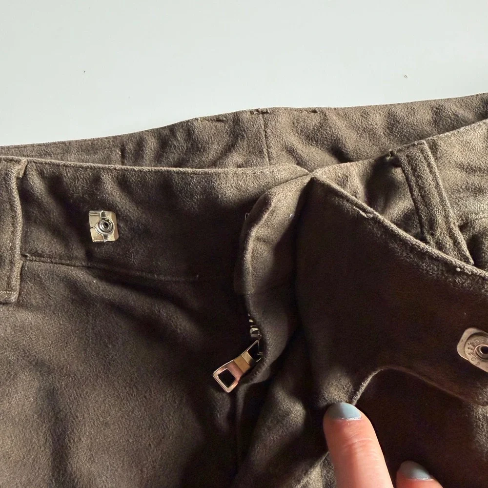 BALMAIN Biker Pants Green Brown Moto Suede Ribbed Knee Men's Size 34 Distressed